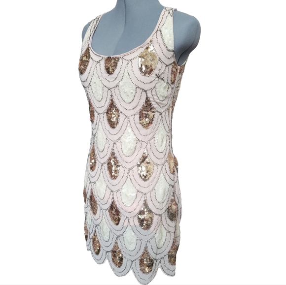 Gianni Bini Dresses & Skirts - Women's GB Beaded Sequin Scoop Neck Sleeveless Dress Blush Scalloped Hem Size S